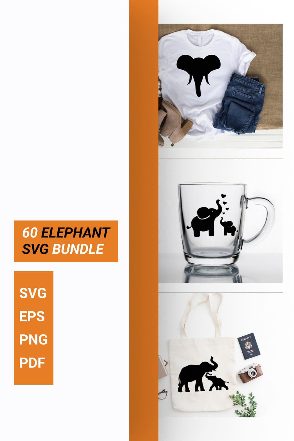 60 Elephant SVG Bundle Pinterest collage image.
