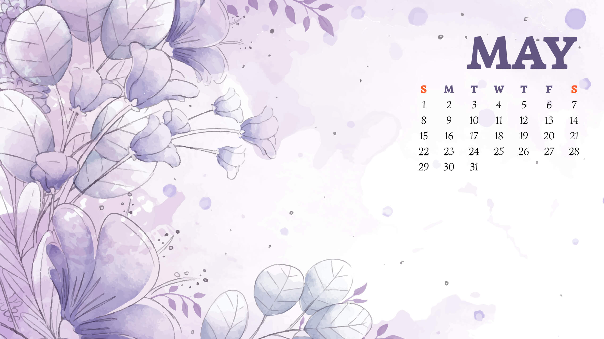 Free Purple Fully Editable May Calendar