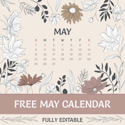 Fully Editable Free May Calendar preview image.