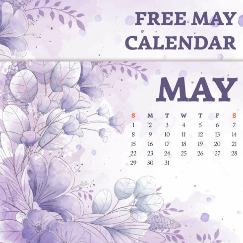 Free Purple Fully Editable May Calendar cover image.