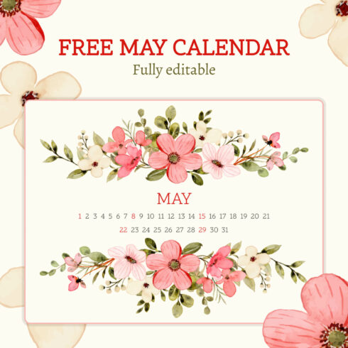 Free Pink Flower Editable May Calendar cover image.