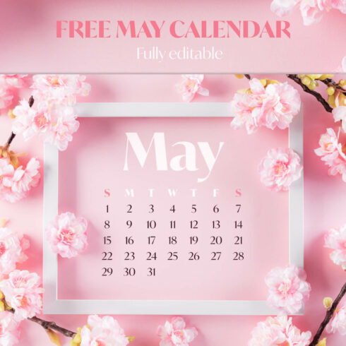 Free Pink Editable May Calendar cover image.