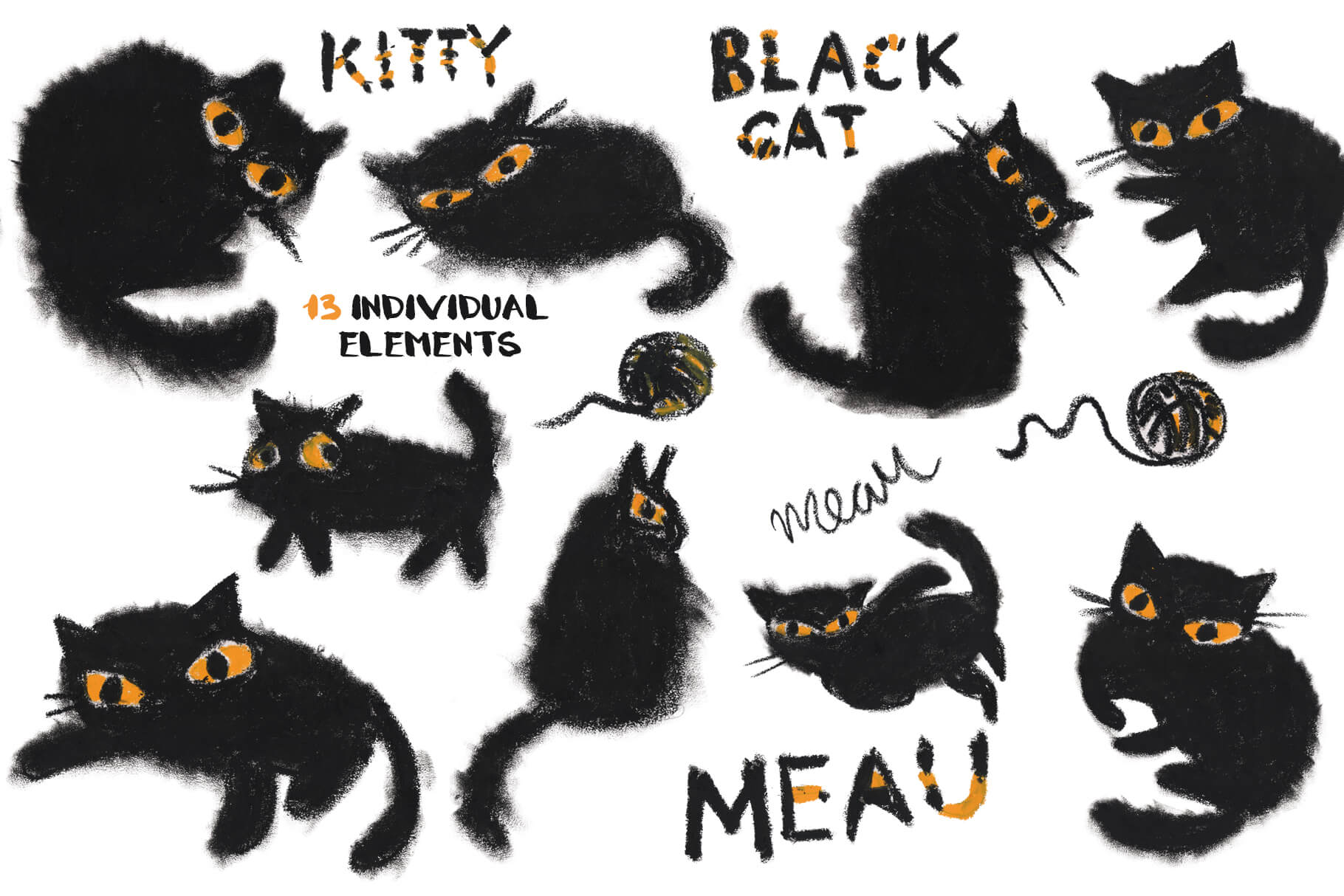 Black Cat Hand-drawn Pastel Set elements.