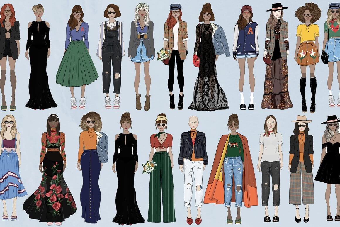 A variety of clothes on the models.