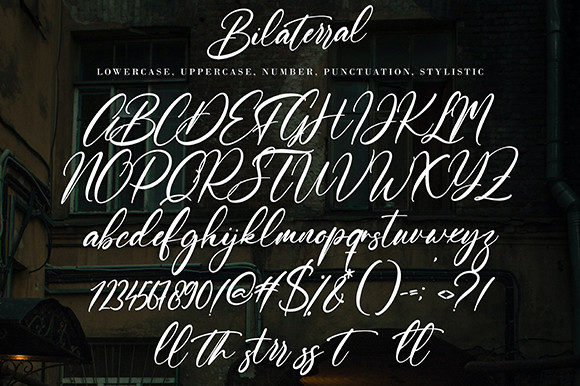 bilaterral font, lowercase, uppercase, number, punctuation.