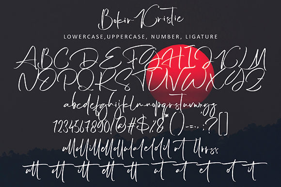 bokir kristie handcrafted script font alphabet, number.