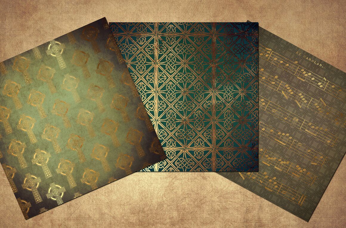 3 Types Patterns of Celtic Shimmer on a Brown Background.