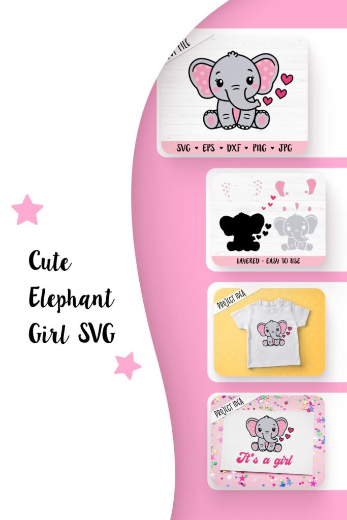 Cute Elephant Girl SVG pinterest collage image.