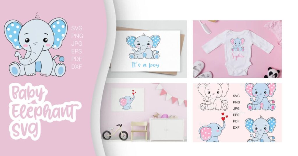 Cute Baby Elephant SVG facebook collage image.