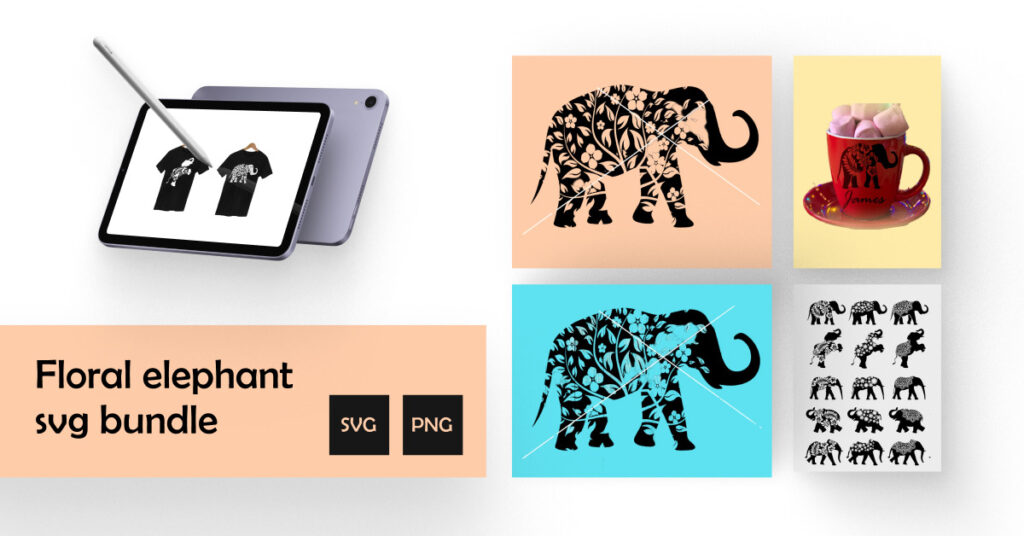 Floral Elephant SVG Bundle facebook collage image.