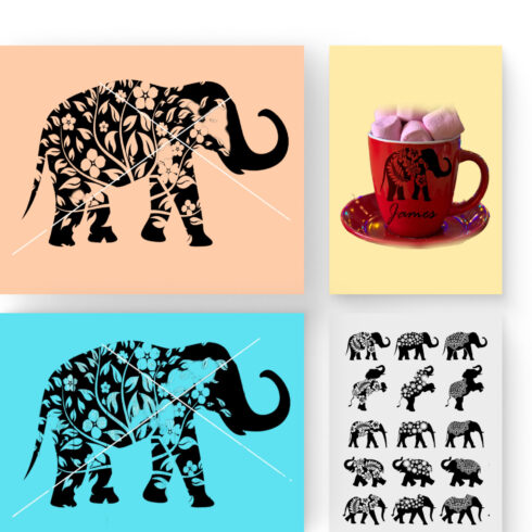Picture of a cup of coffee and a picture of an elephant.