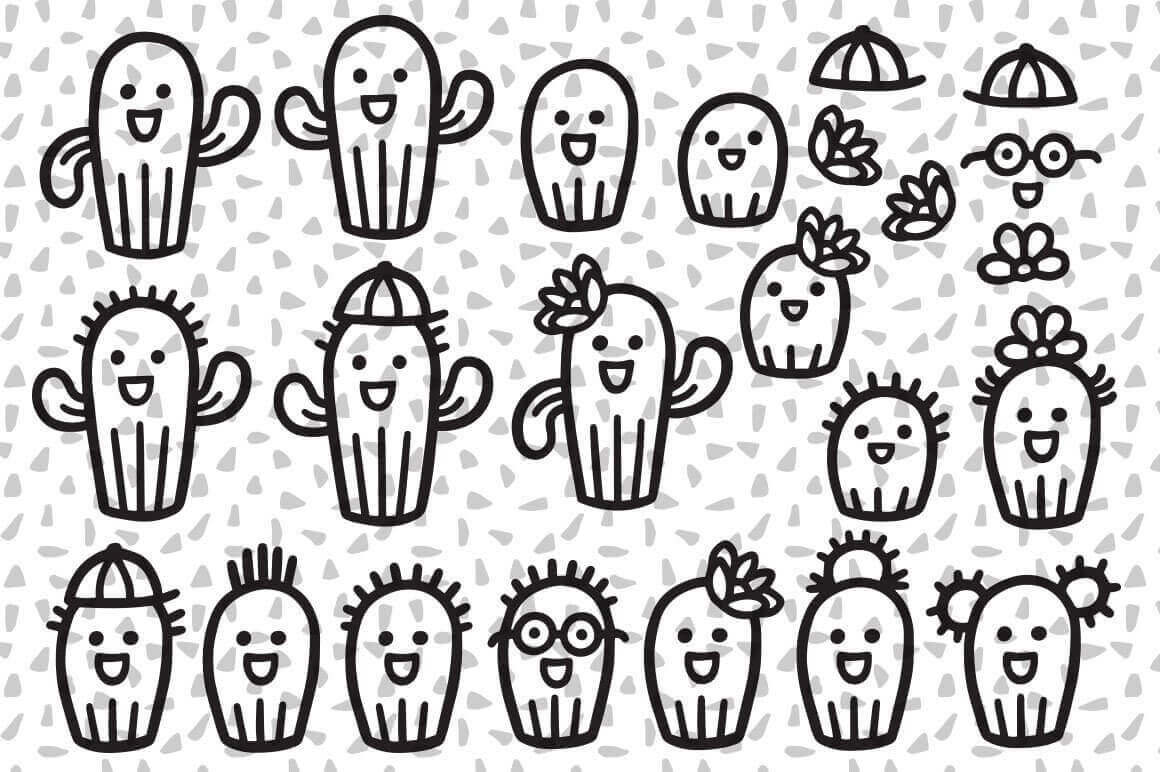 Happy Cactuses on Grey and White Background.