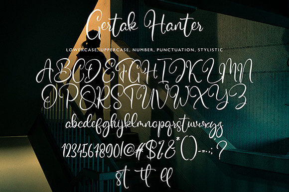 gertak hanter exquisite handwritten script font all symbols example.