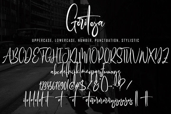 goritesa modern handwritten script font all symbols example.