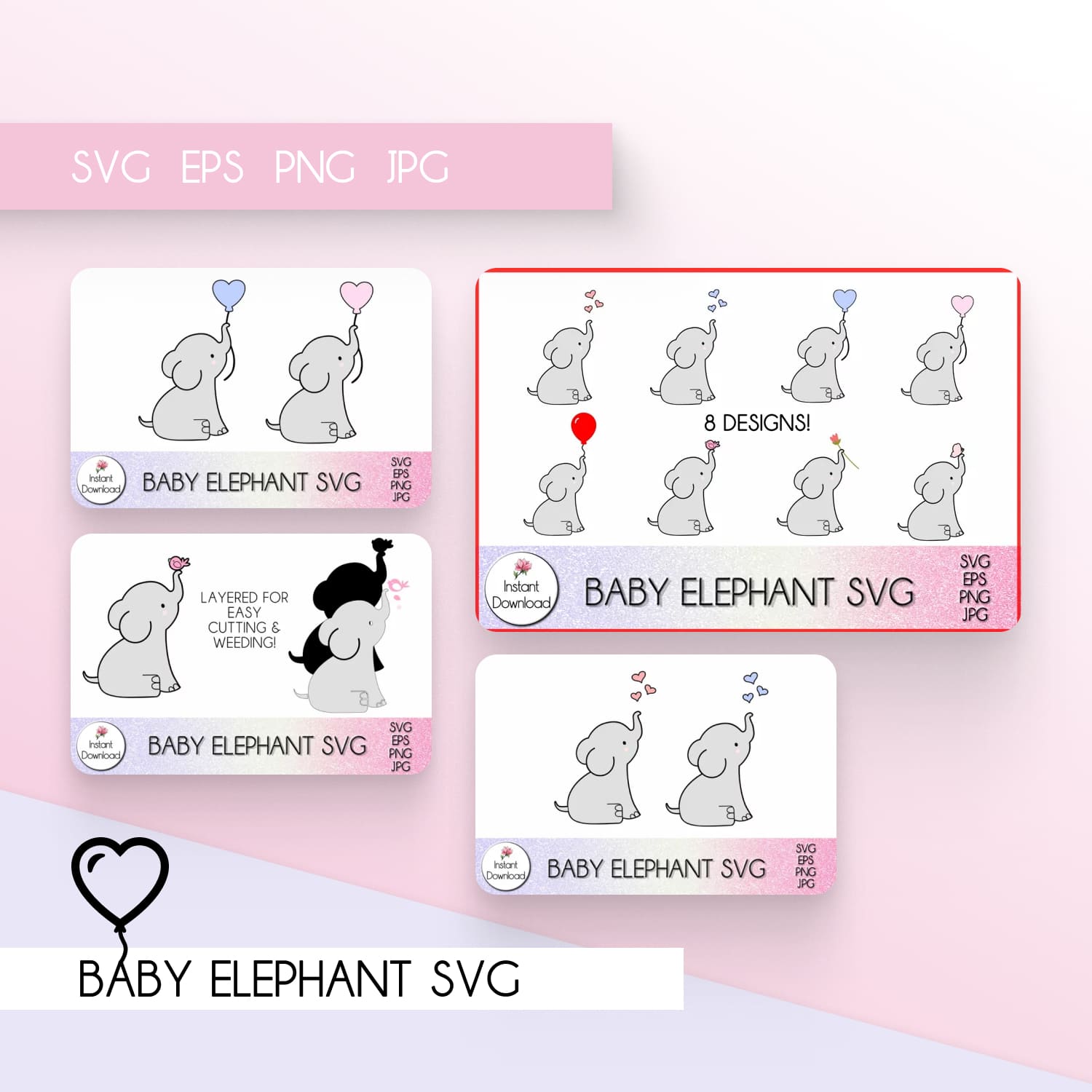 Kawaii Baby Elephant SVG main cover.