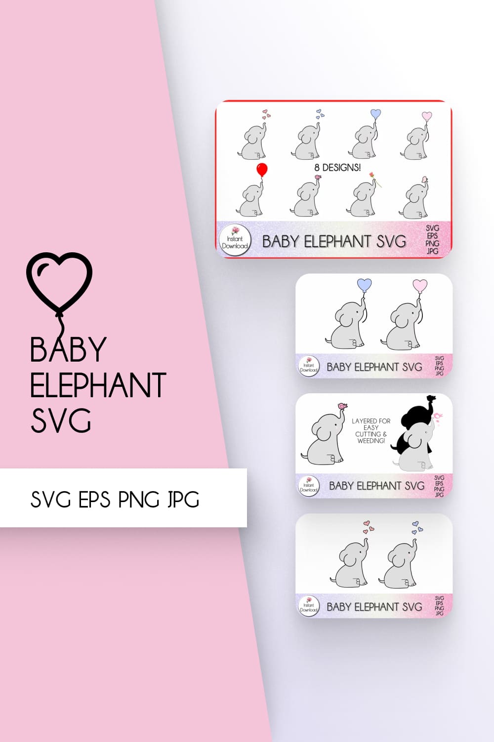 Baby elephant svg stickers on a pink background.