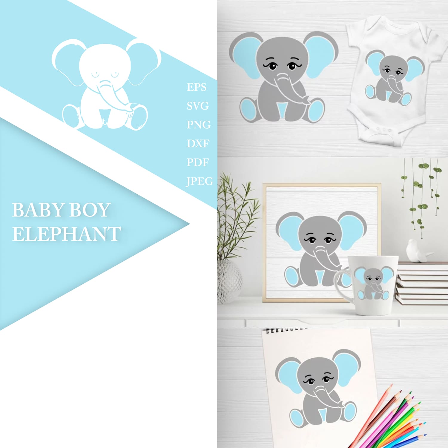 Main cover for cute little baby boy elephant svg.