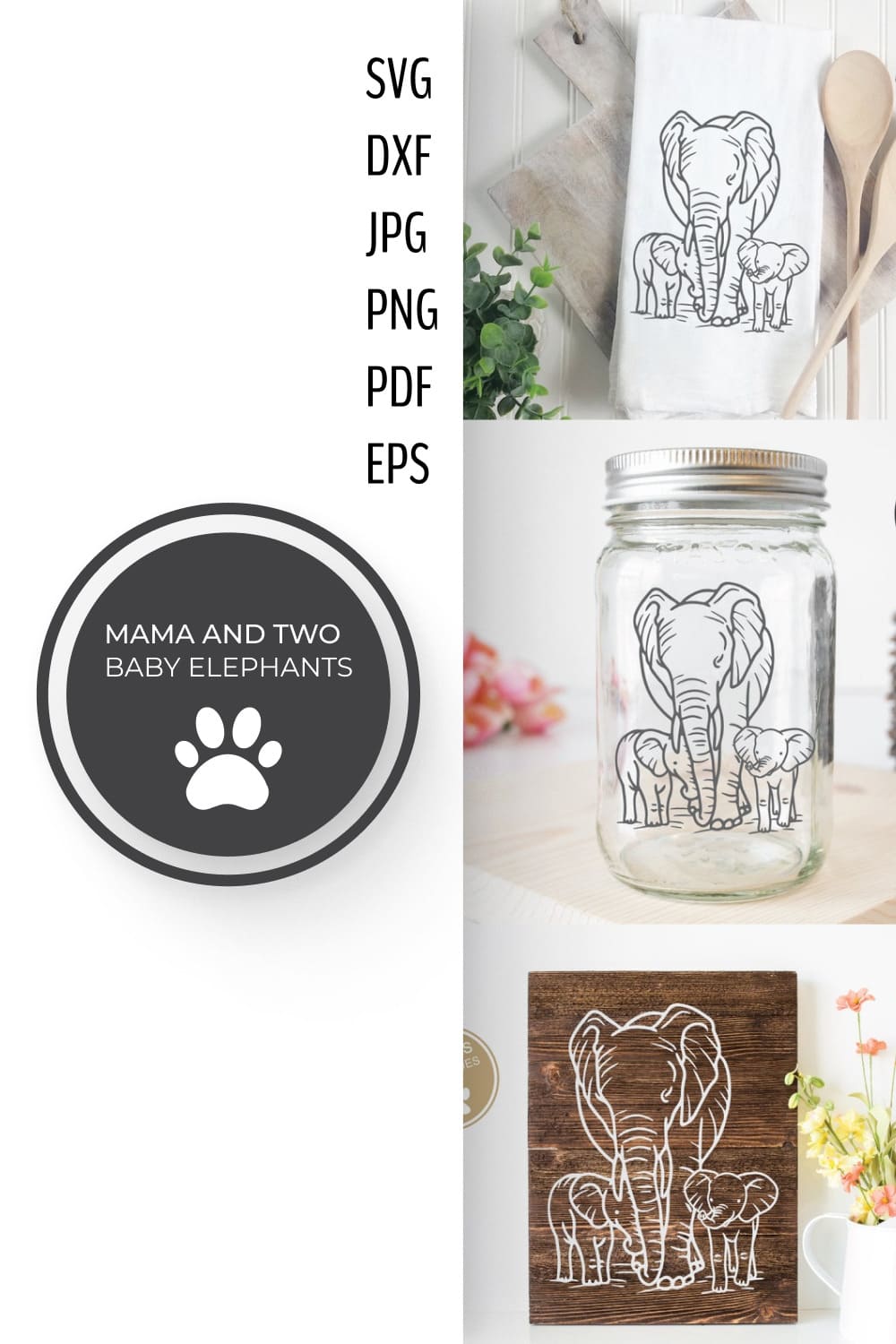 Mama and two Baby Elephants Clipart SVG Pinterest collage image by MasterBundles.