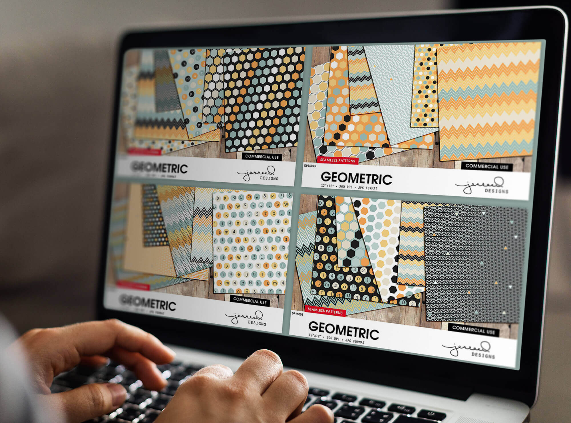 Preview Geometric Seamless Patterns on Monitor of Notebook.