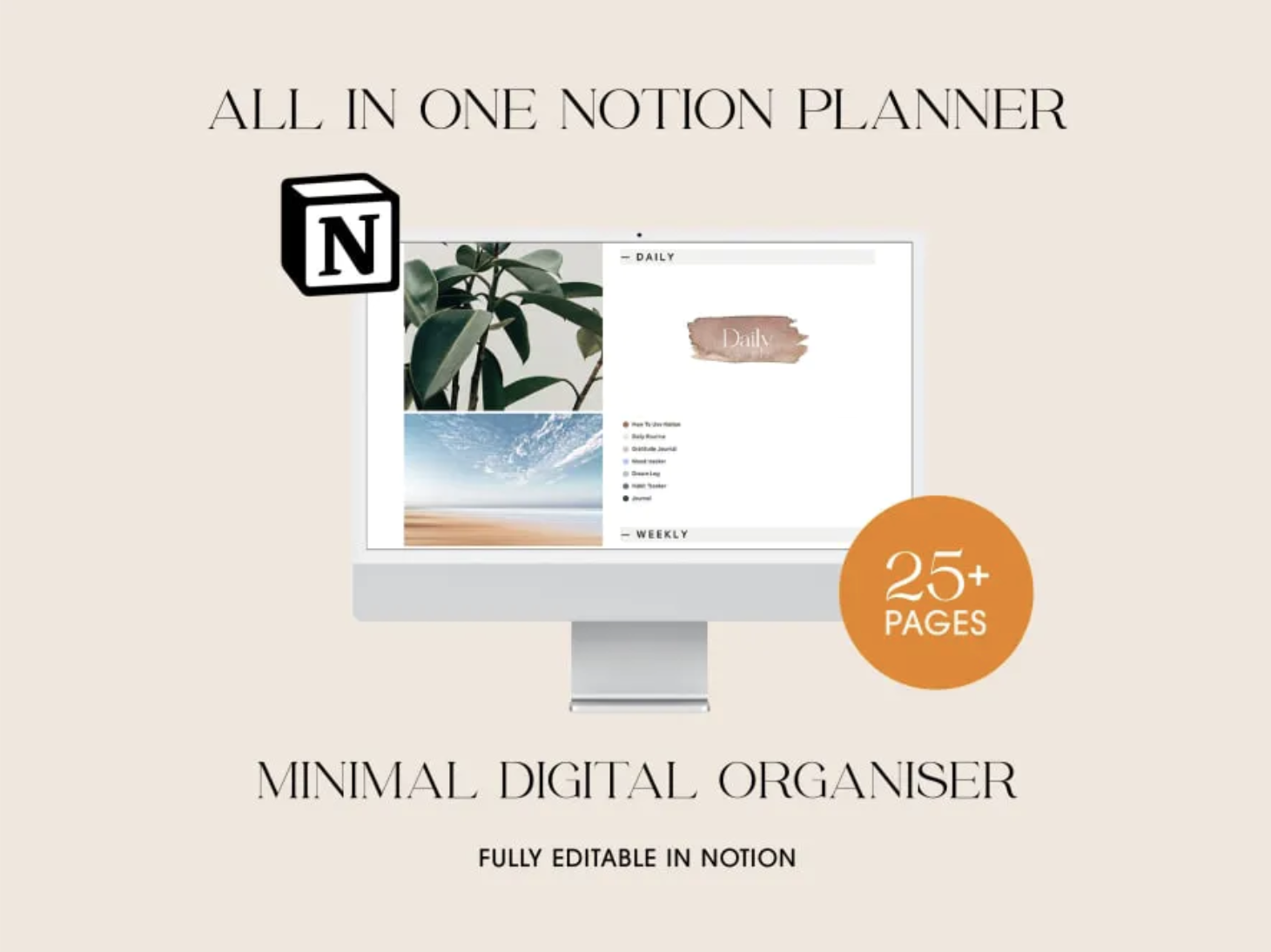 All In One Notion Planner template to replace your jumbled journal and to become an easy, functional way to organise your life and keep a journal to improve your life.