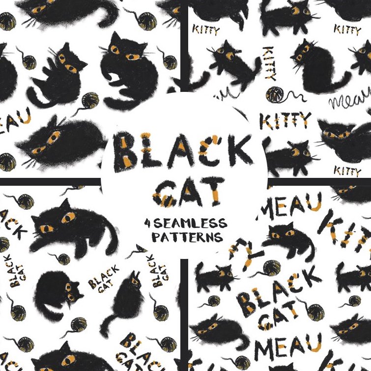 Black Cat Hand-drawn Pastel Set patterns preview.