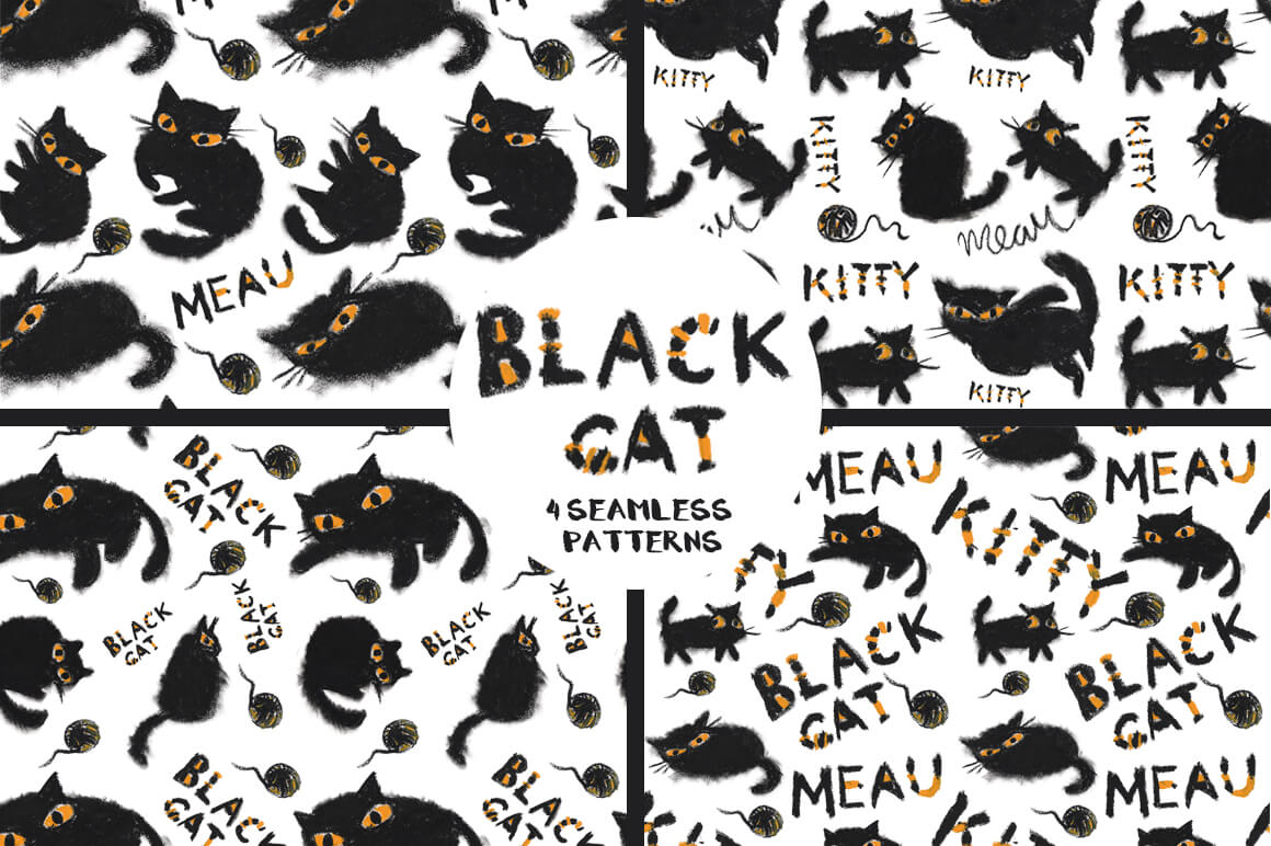Black Cat Hand-drawn Pastel Set patterns.
