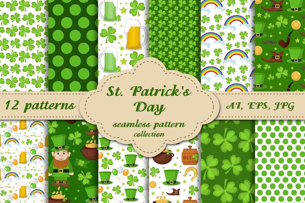 12 Patterns of St. Patrick's Day in AI, EPS, JPG Format.