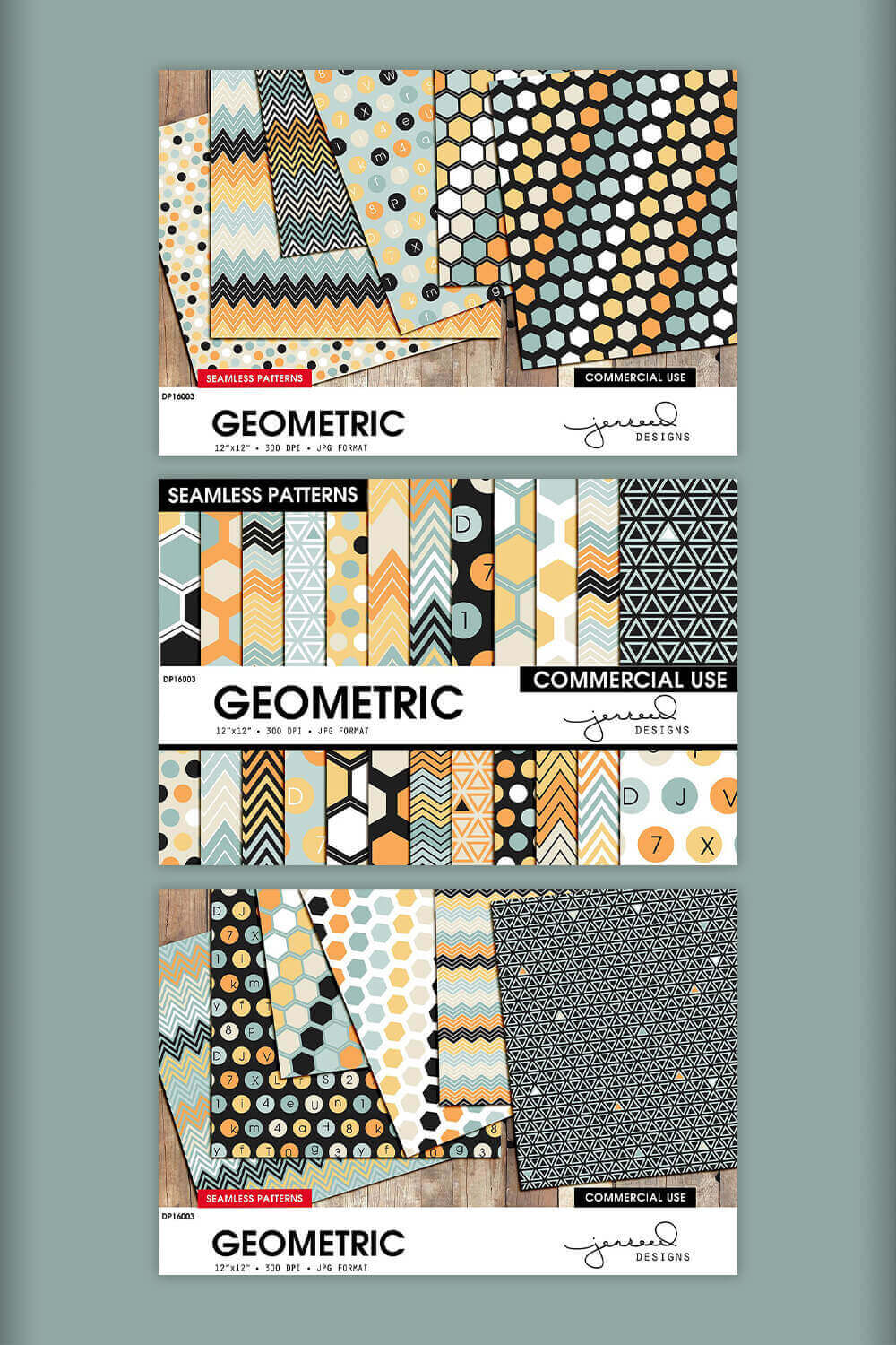 Three Pictures of Geometric Seamless Patterns on Green Background.