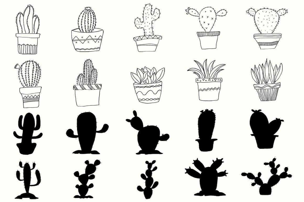 Black Cactuses and Contur Cactuses White Background.