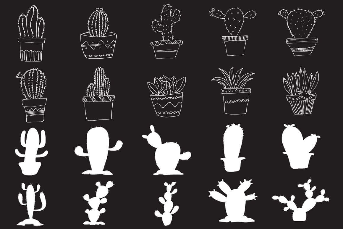 White Cactuses and Contur Cactuses on Black Background.