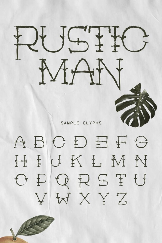 Rustic man free font Pinterest sample glyphs preview.