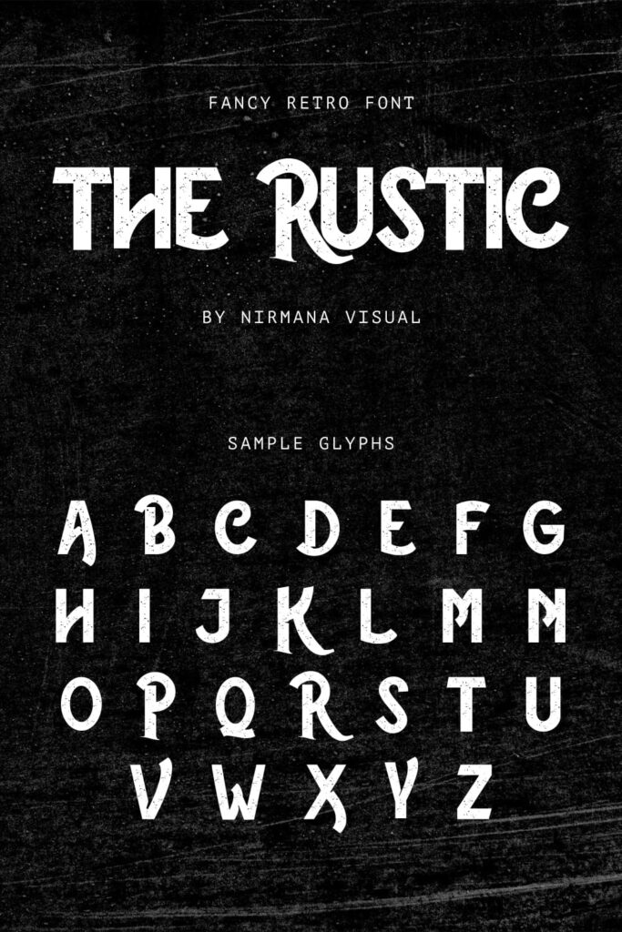 The rustic free font pinterest preview with sample glyphs by MasterBundles.