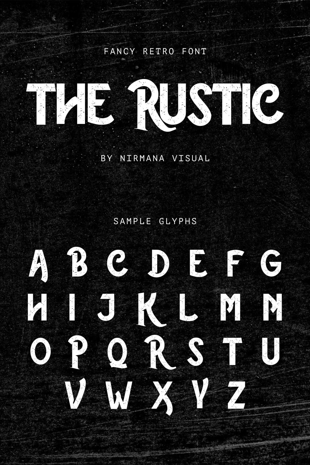 The rustic free font pinterest preview with sample glyphs by MasterBundles.