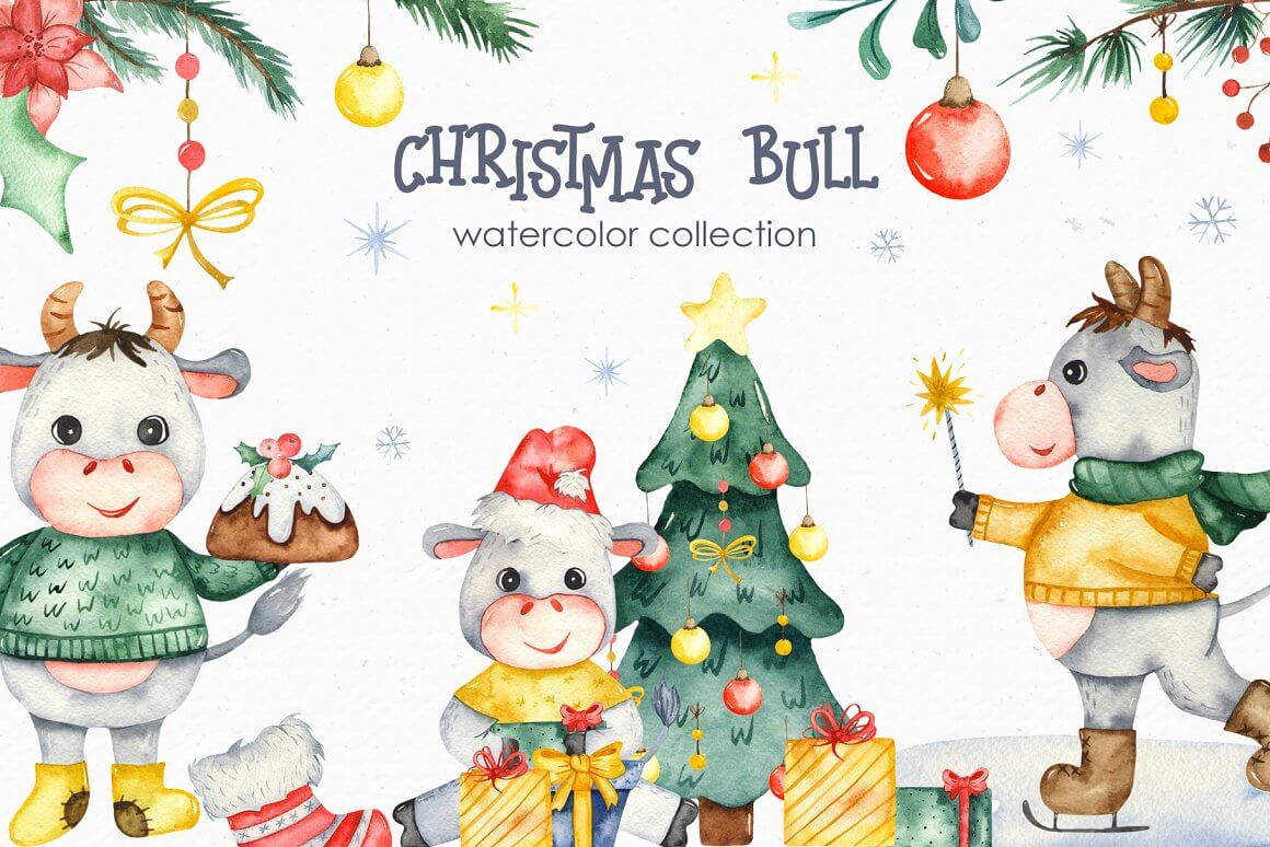 Watercolor christmas cute bulls cover.