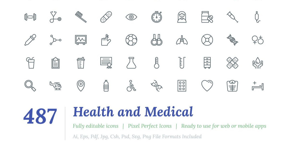 487 health and medical line icons.