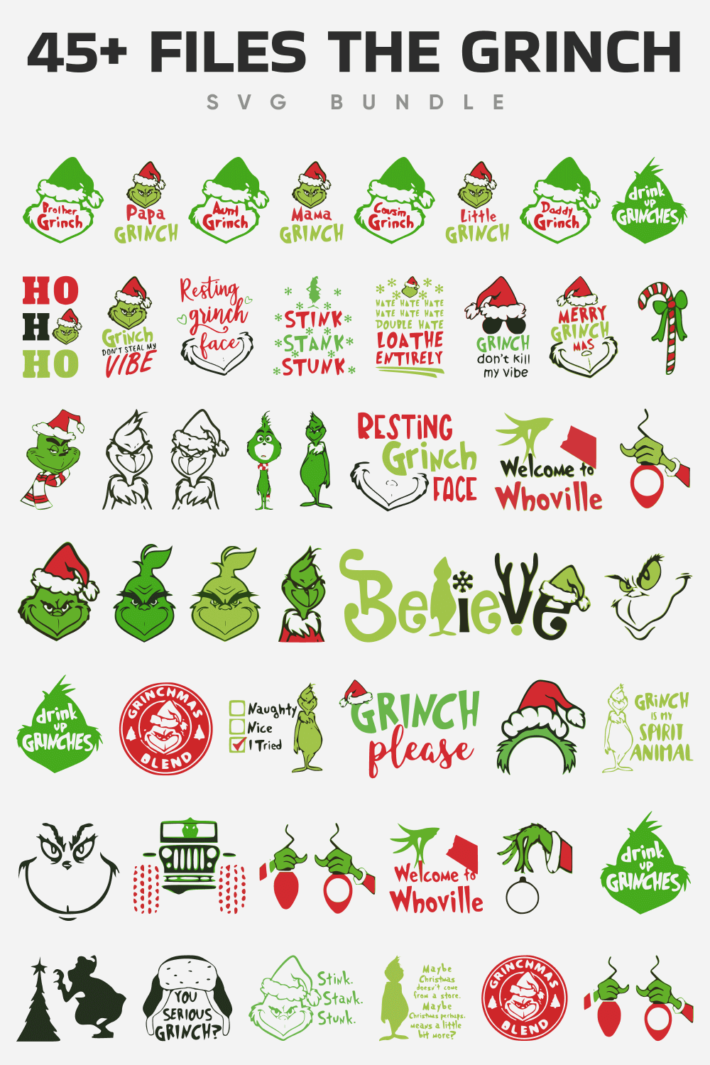 Files with the image of the Grinch family and files with a playful face of the Grinch.