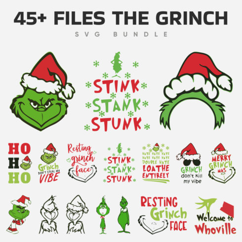 Large and small images of the Grinch with different facial expressions.