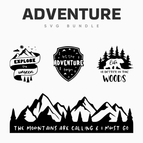 Black logos with mountains and forest and animals.
