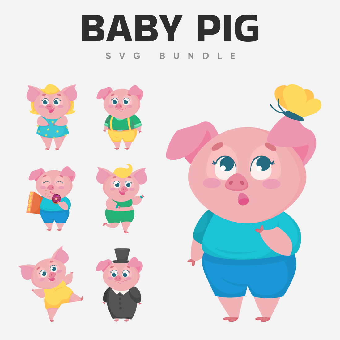 A mysterious big pig with a butterfly on its ear and other pigs are busy with their fun life.