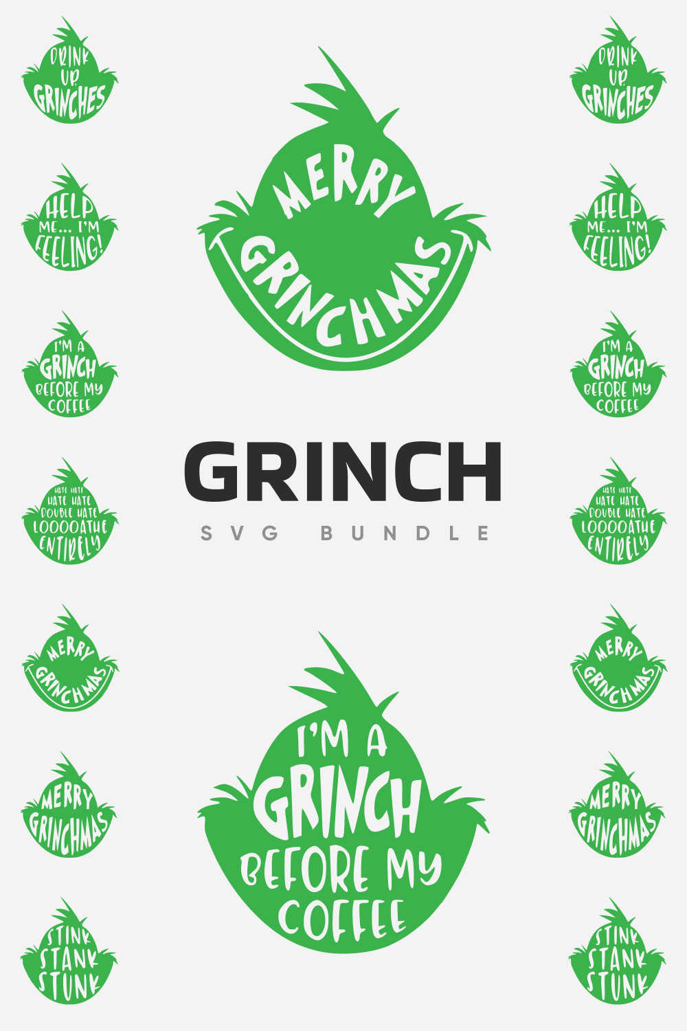 Green faces of the Grinch with inscriptions of different sizes.