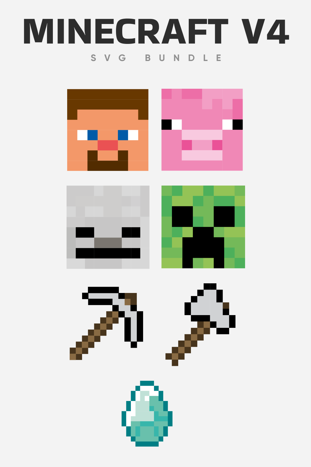 Heads of creatures from the game of minecraft.