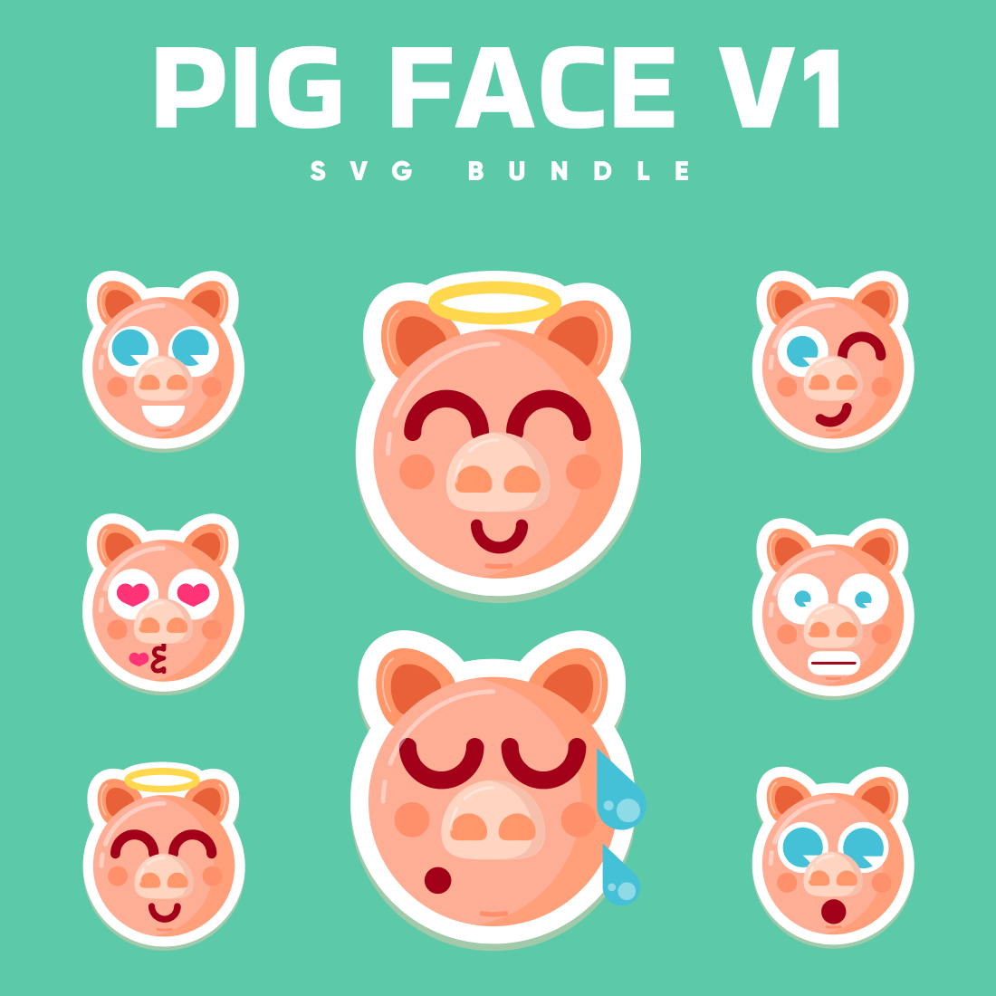 Pig face sticker set on a green background.
