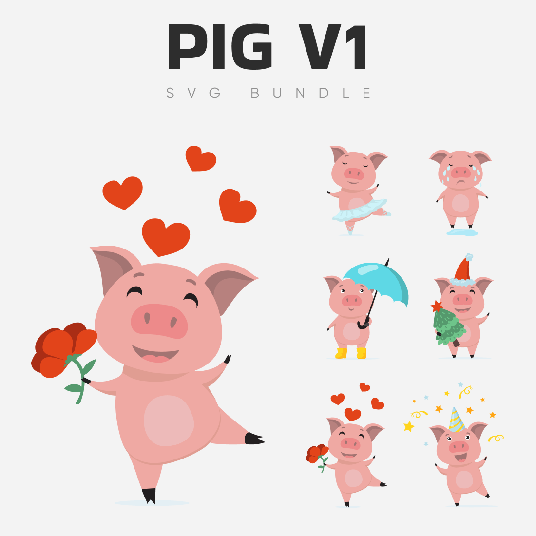 Pig with hearts and a umbrella.