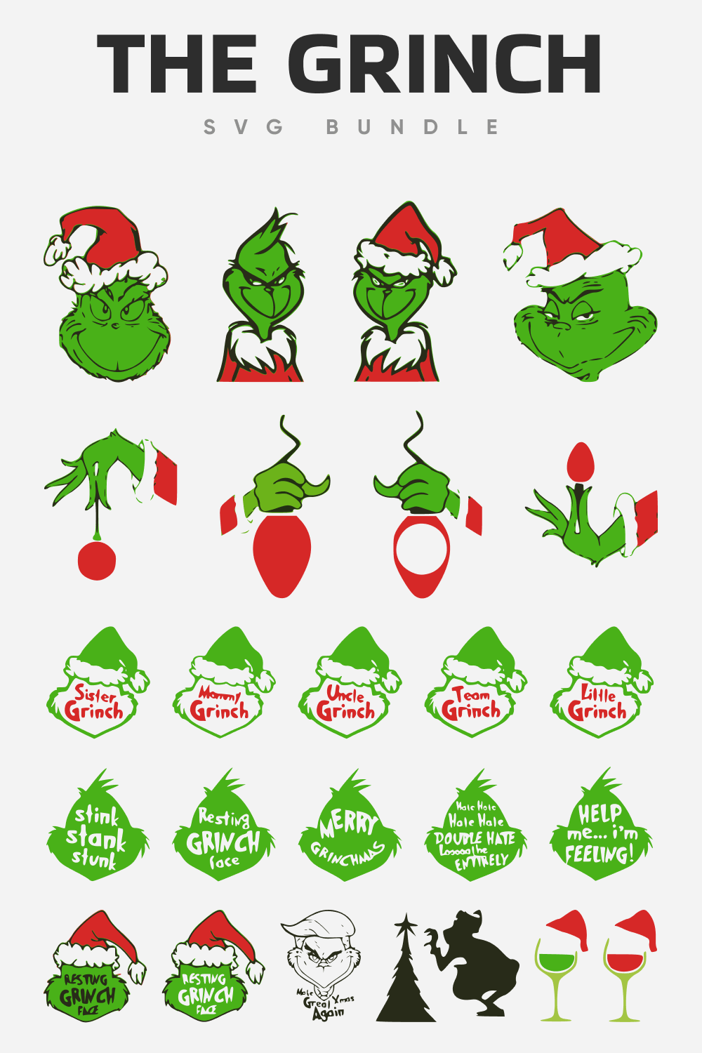 Big collection of Grinch in different mood for happy winter holidays.