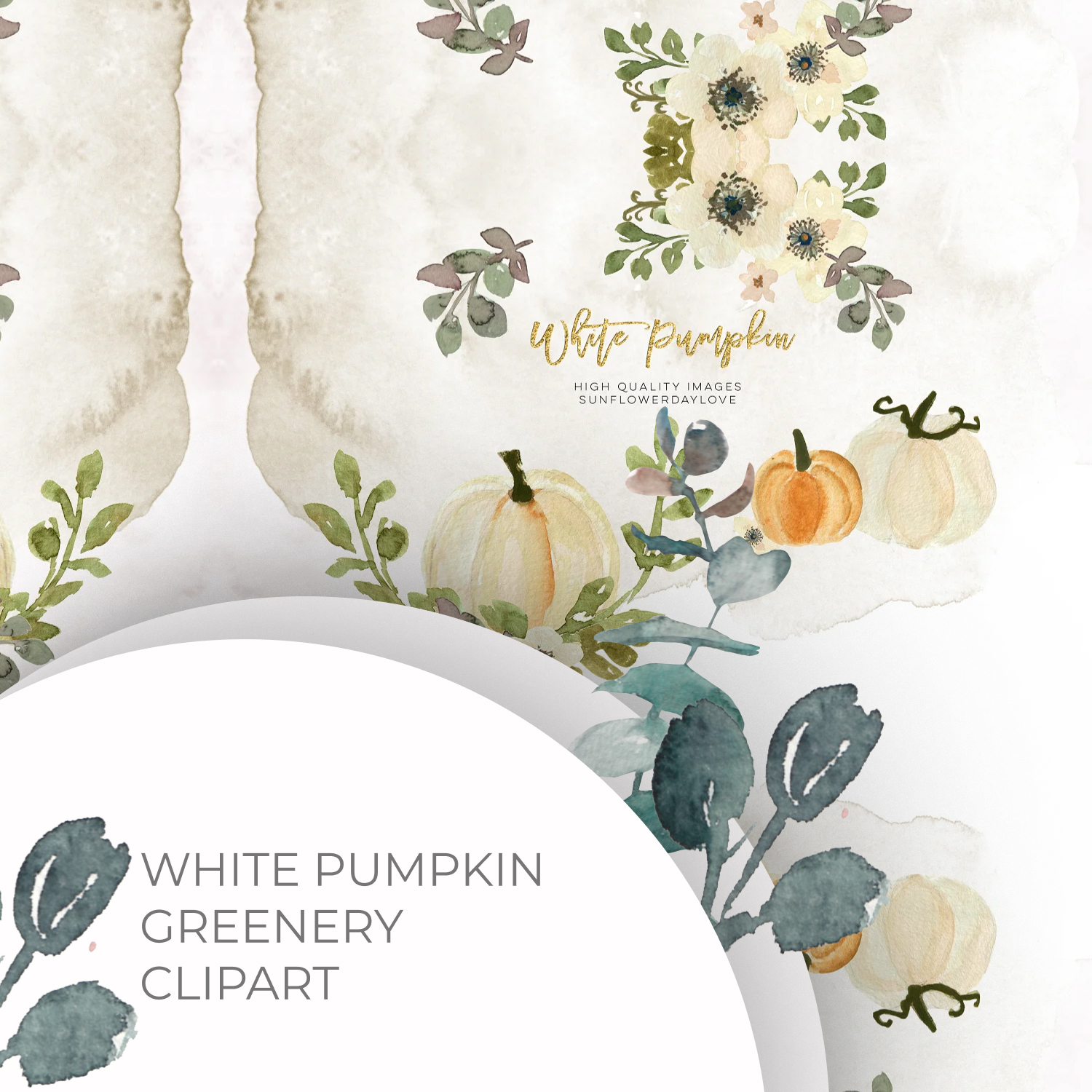 White Pumpkin Greenery Clipart cover image.