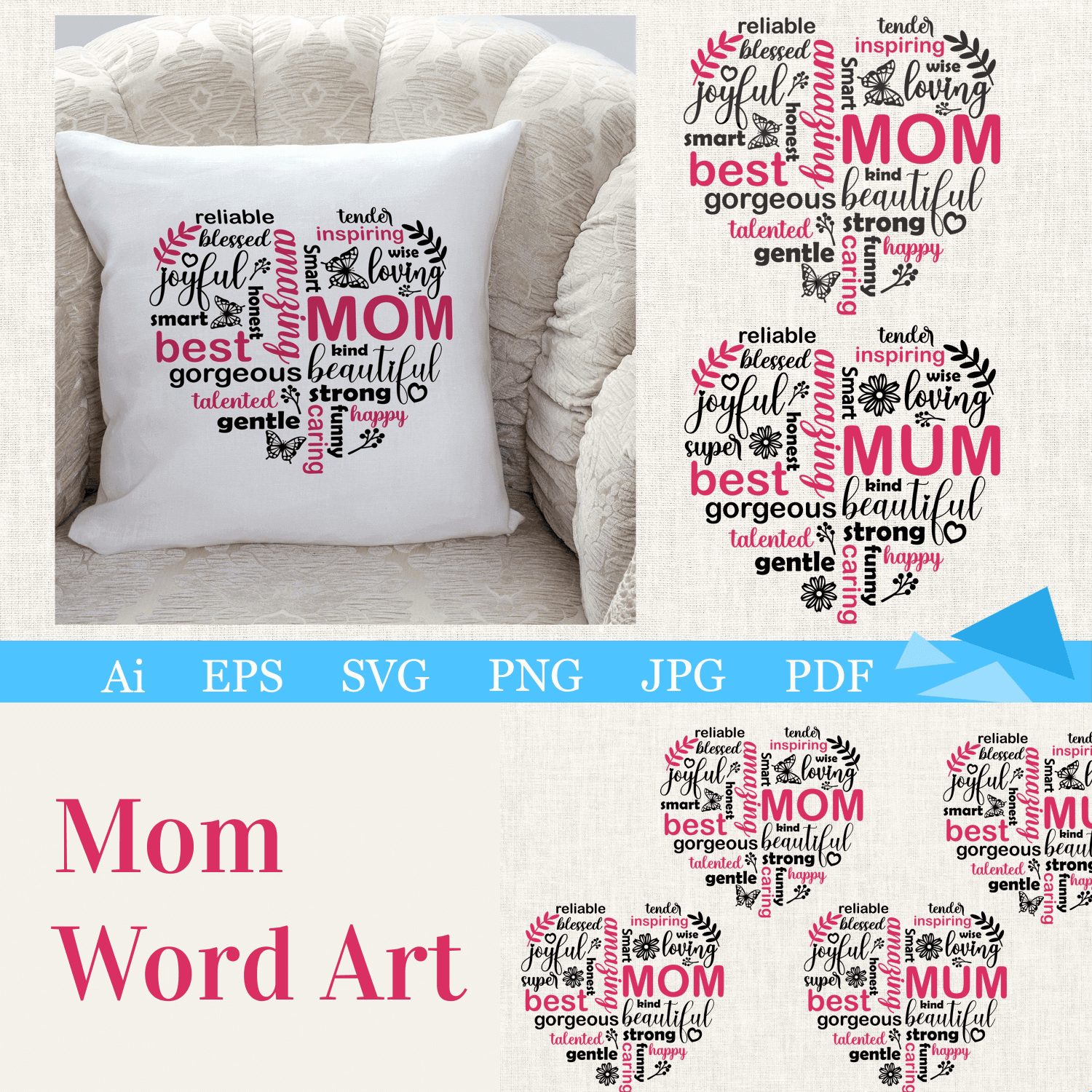 Mom Word Art on the Pillow.