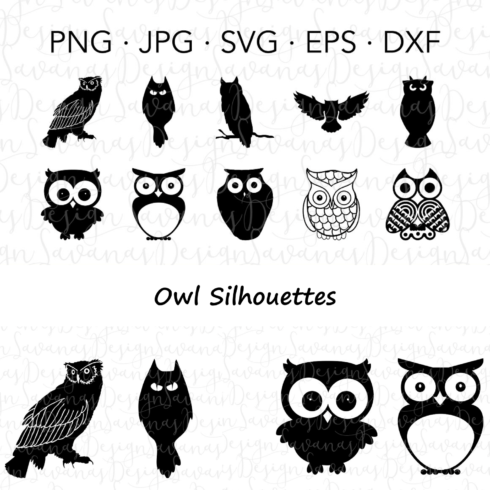 Set of owl silhouettes in black and white.