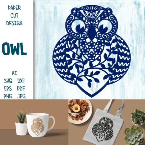 Paper cut design of an owl with a bowl of fruit and a plate of.