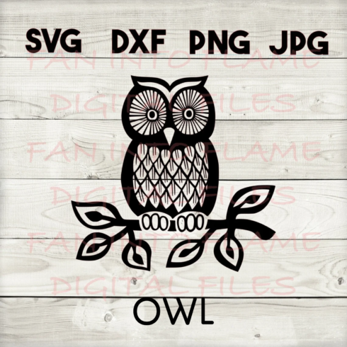 Owl sitting on a branch with the words svg dxf png.