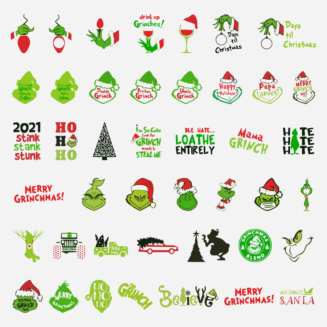 Images of the Grinch with and without a red hat, Christmas trees and lettering about the celebration of Merry Grinchmas.